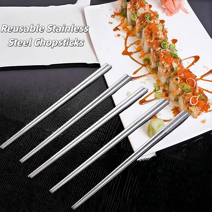5 Pair Metal Chopsticks Reusable 18/8 Stainless Steel Chopsticks Set Non-slip Chinese Chopstick for Cooking Eating Dishwasher Safe 9.25" Chop Sticks Gift Set