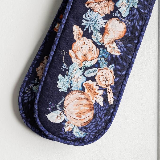 Maison d' Hermine Double Oven Mitts 100% Cotton Double Oven Glove (7"x35") | Heat Resistant BBQ Cooking Gloves with Loop Baking Kitchen Home Hotel Farmhouse Thanksgiving Christmas - Pumpkin Blues