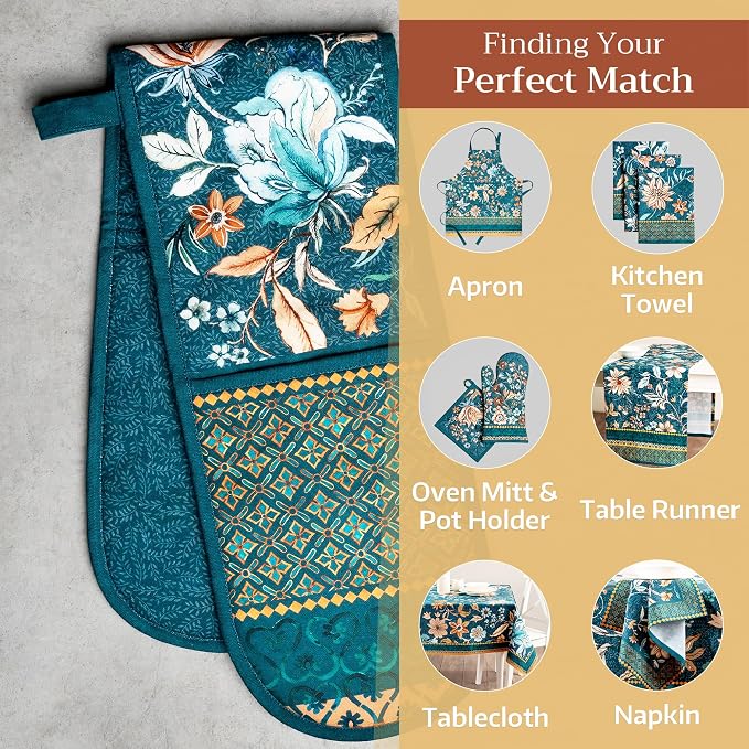 Maison d' Hermine Double Oven Mitts 100% Cotton Double Oven Glove (7"x35") | Heat Resistant BBQ Cooking Gloves with Loop Baking Kitchen Home Farmhouse Thanksgiving Christmas - Luxury Loft - Dark Teal