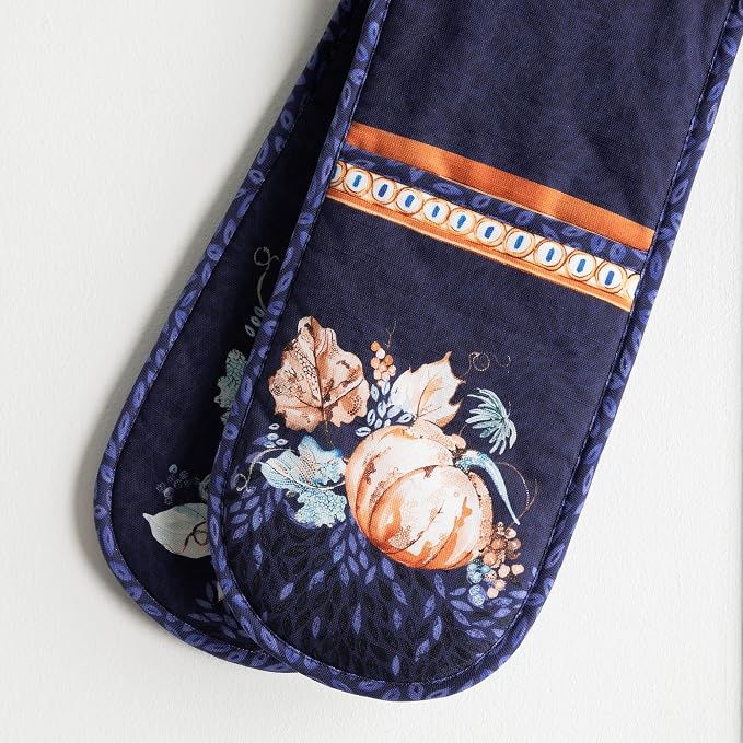 Maison d' Hermine Double Oven Mitts 100% Cotton Double Oven Glove (7"x35") | Heat Resistant BBQ Cooking Gloves with Loop Baking Kitchen Home Hotel Farmhouse Thanksgiving Christmas - Pumpkin Blues