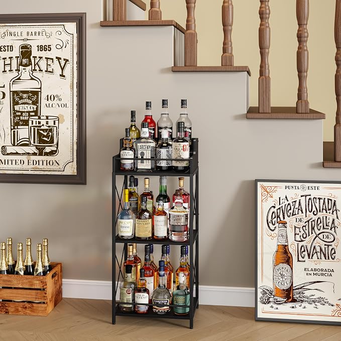 KLM Liquor Bottle Display Shelf, Liquor Cabinet bar for Home, 4 Step Liquor cabinetck, Mini bar,Liquor Cabinet, Home Retro Bar Shelf Stand for Liquor Whiskey, Spirits.(Black