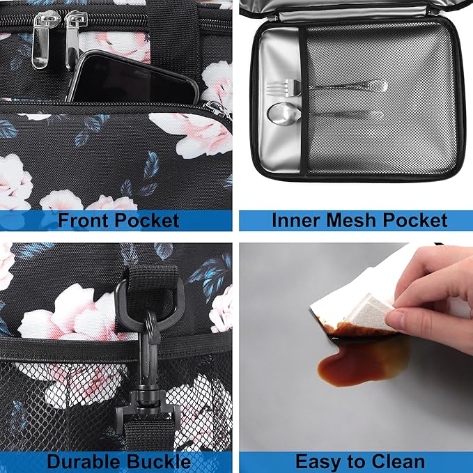 Lunch Bags for Women/Men, Insulated Lunch Bag for Work Office - Lunch Cooler Bag Leakproof Lunch Box with Adjustable Shoulder Strap - Pink flower
