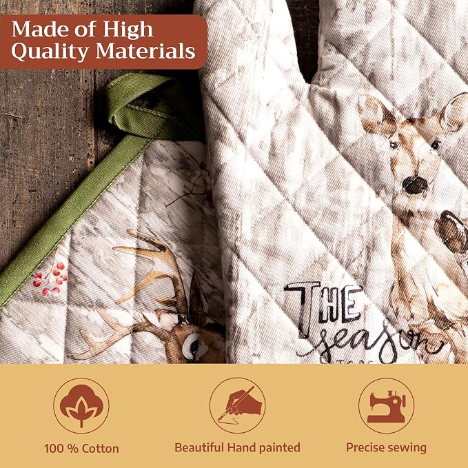 Maison d' Hermine 100% Cotton Oven Mitt & Pot Holder Set (7.5"x13" & 8"x8") | Heat Resistant BBQ Cooking Gloves with Loop Baking Grilling Kitchen Home Farmhouse Thanksgiving Christmas - Mountain Life