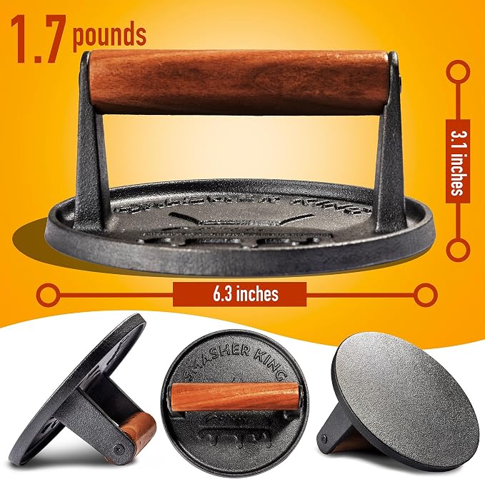 SMASHER KING™ - Smash Burger Press - Cast Iron Burger Smasher | Hamburger Patty Maker - Smash Burger Kit With 25 Sheets Of Paper - Grill Press And Steak Weight And Heavy Meat Smasher