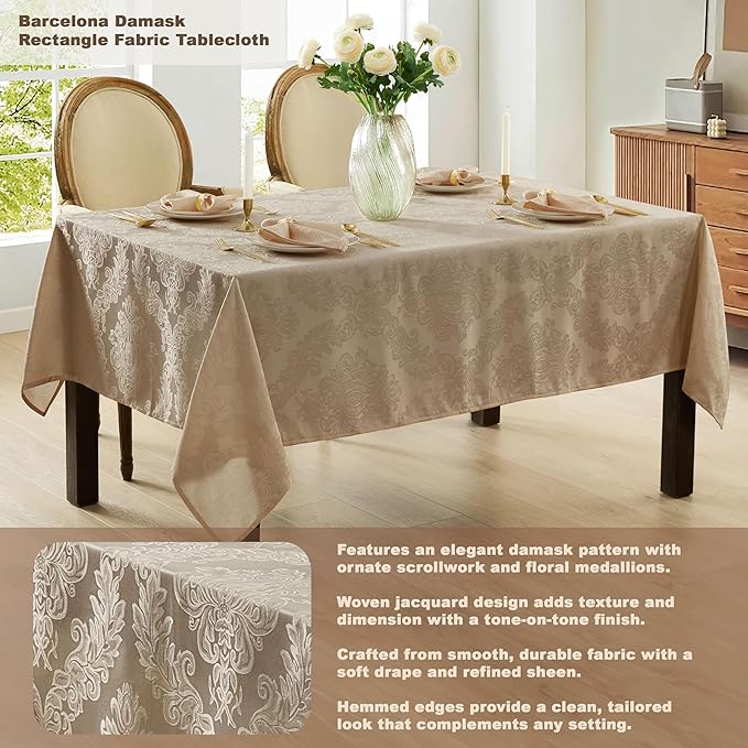Newbridge Barcelona Luxury Damask Fabric Tablecloth, 60” Wide x 102” Rectangle, Golden Beige, 100% Polyester, No Iron, Soil Resistant Dining Room, Party and Banquet Table Cover