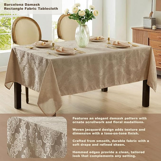 Newbridge Barcelona Luxury Damask Fabric Tablecloth, 70” Extra Wide x 144” Rectangle, Golden Beige, 100% Polyester, No Iron, Soil Resistant Dining Room, Party and Banquet Table Cover