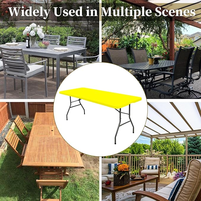 6 Pack Fitted Tablecloth for 8 Foot Rectangle Tables, Yellow Elastic Outdoor Picnic Table Cover, Washable Stretch Folding Table Cloths 8 ft for Camping Party Patio Kitchen Banquet, 30" W x 96" L