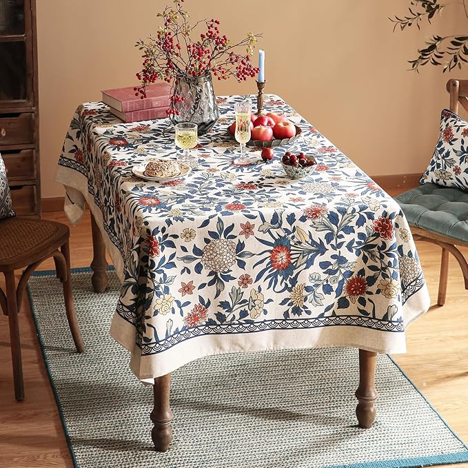 patdrea Designer Blue Tablecloth for Rectangle Table,Vintage Linen with Leaves and Floral Pattern Tablecloths,Farmhouse Decor Cover for Kitchen Dining Christmas,Thanksgiving,55"x79"-Ivar a