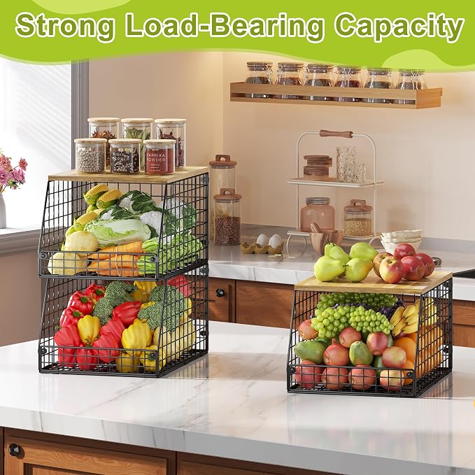 Jakyitvi 4 Pack Stackable Wire Baskets with Fixed Wooden Top, Vegetable Fruit Storage Bins for Onion Potato Snack, Pantry Baskets for Kitchen Cabinet Countertop, Pantry Organizers and Storage Rack