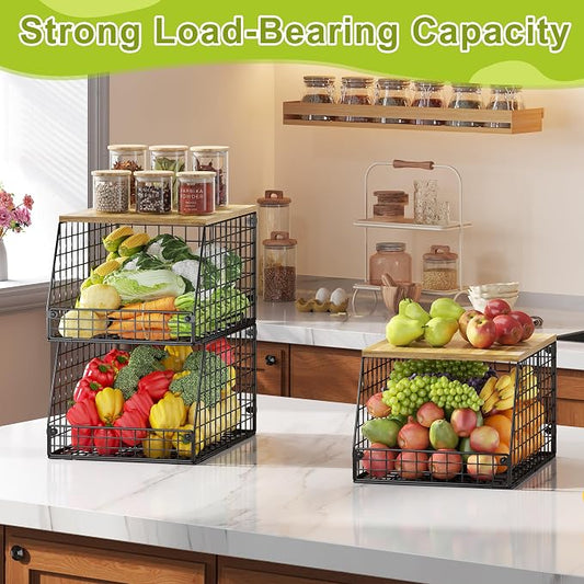 Jakyitvi 4 Pack Stackable Wire Baskets with Fixed Wooden Top, Vegetable Fruit Storage Bins for Onion Potato Snack, Pantry Baskets for Kitchen Cabinet Countertop, Pantry Organizers and Storage Rack