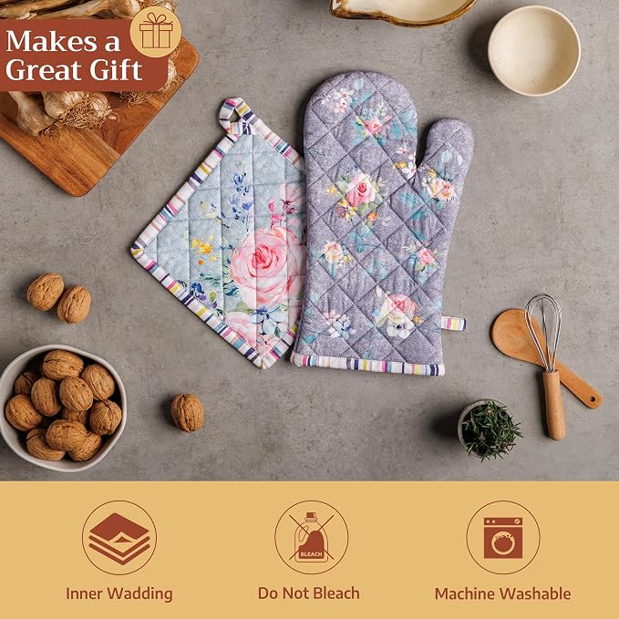 Maison d' Hermine 100% Cotton Oven Mitt & Pot Holder Set (7.5"x13" & 8"x8") | Heat Resistant BBQ Cooking Gloves with Loop Baking Kitchen Hotel Home Farmhouse Spring Summer - Sweet Rose Lavender - Lush