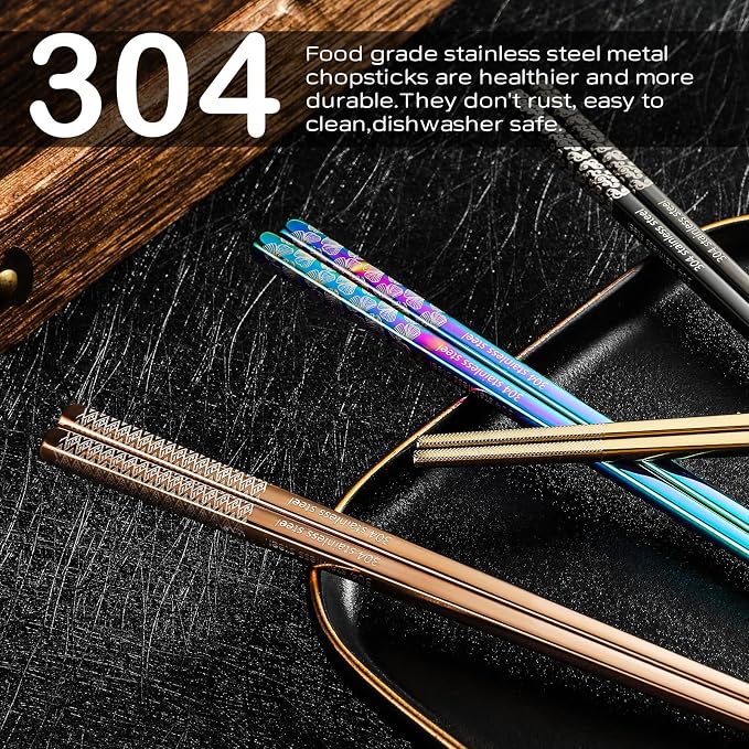8 Pairs Metal Chopsticks Reusable Multicolor Stainless Steel Chopsticks Set Laser Engraved Non-slip Japanese Korean Chinese Chopstick for Cooking Eating Dishwasher Safe 9.25" Chop Sticks Gift Set