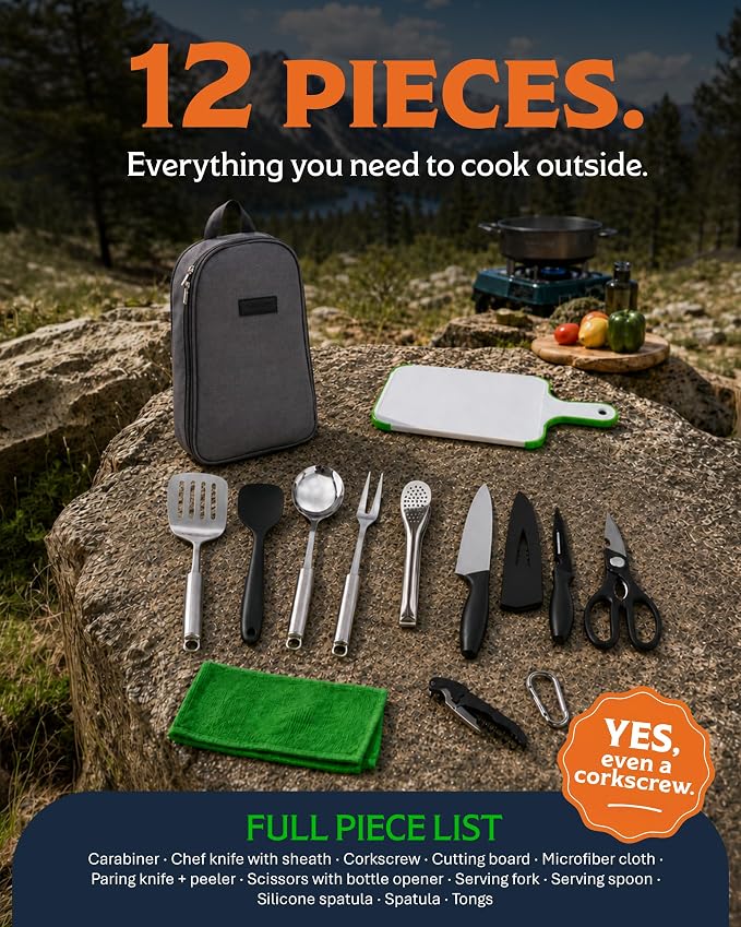 Life 2 Go 12 Pcs Camp Cooking Utensil Set & Outdoor Kitchen Gear Cookware Kit, Portable Compact Carry Case for Camping, Hiking, Travel, BBQ Grilling Stainless Steel Accessories Spoon & Fork, Navy