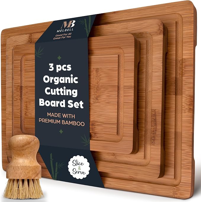 MelBell Bamboo Cutting Board Set Of 3 for Kitchen - Wooden Chopping Boards with Juice Groove - Wood Serving Board for Meat, Vegetables, Cheese