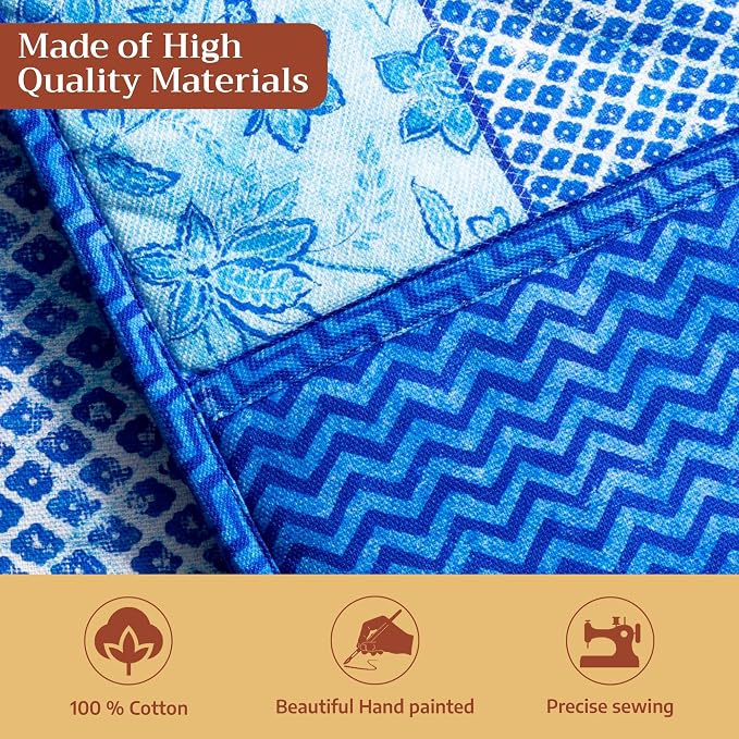 Maison d' Hermine Double Oven Mitts 100% Cotton Double Oven Glove (7"x35") | Heat Resistant BBQ Cooking Gloves with Loop Baking Grilling Kitchen Hotel Home Farmhouse Spring Summer - Indigo Love