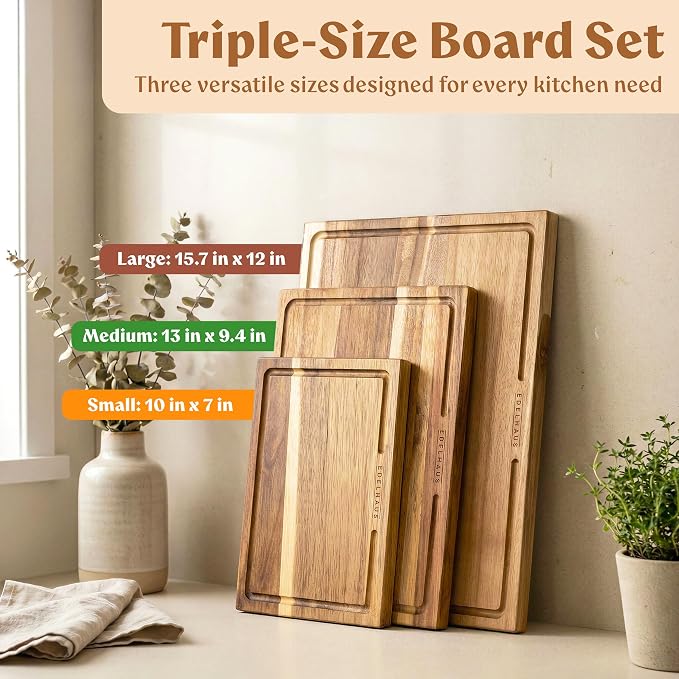 Acacia Wood Cutting Boards for Kitchen Set of 3, Juice Groove | Non Toxic Wooden Chopping Boards, Knife Friendly, Large Kitchen Boards for Meat, Cheese, Charcuterie & Serving