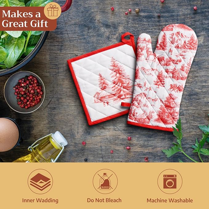 Maison d' Hermine Pot Holders 100% Cotton Potholders (8" x 8", Pack of 2) | Heat Resistant Hot Pads with Loop BBQ Cooking Baking Hotel Kitchen Handling Hot Pans Thanksgiving Christmas - Winter Jouy