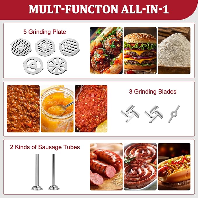Premium Metal Food Grinder Attachment for KitchenAid Stand Mixers, Precision Meat Grinder & Sausage Stuffer Tubes Kit with Abundant Accessories, Food-Safe Alloy Mixer Attachments (Hand Wash Only)