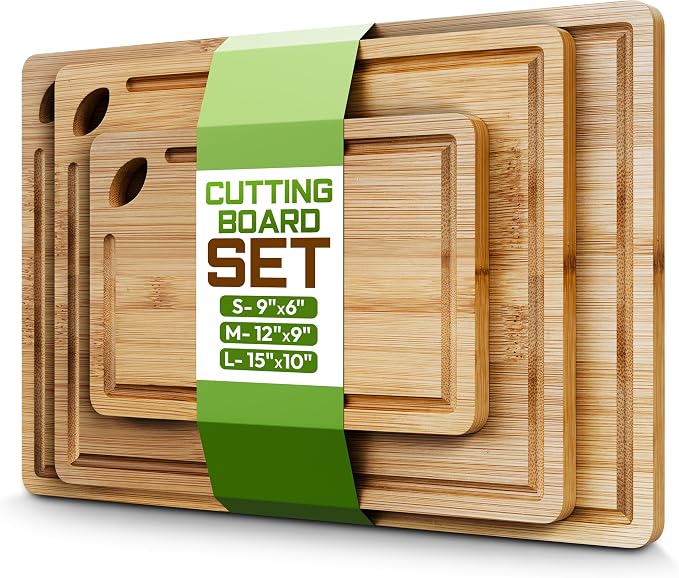 Bamboo Cutting Board Set of 3 (15x10, 12x9, 9x6) – Extra-Thick, Deep Juice Groove Wood Cutting Boards – Knife-Friendly for Kitchen Prep, Carving & Charcuterie – Easy to Clean