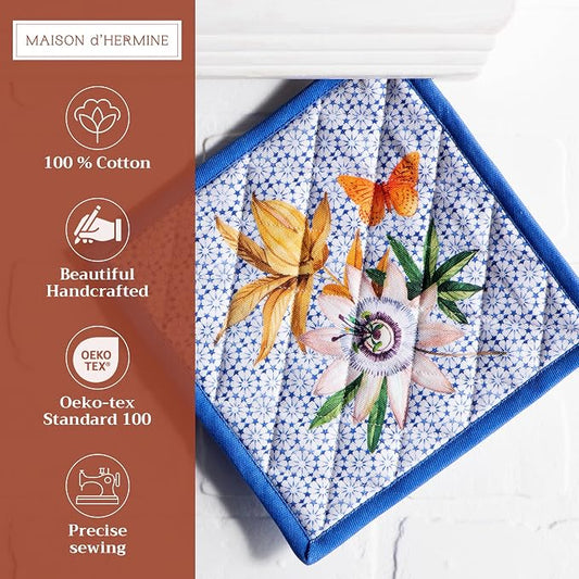 Maison d' Hermine Pot Holders 100% Cotton Potholders (8" x 8", Pack of 2) | Heat Resistant Hot Pads with Loop BBQ Cooking Baking Farmhouse Kitchen Handling Hot Pans Spring Summer - Passiflora
