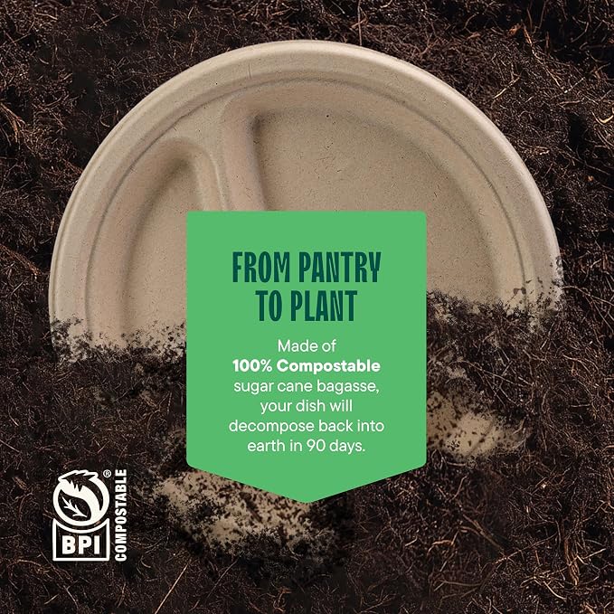 100% Compostable, 3 Compartment, Disposable Paper Plates [125-Pack] - {PFAS Free} - {BPA Certified} - [9 Inch] Heavy Duty Biodegradable Bagasse Sectional Lunch Trays + Dividers - Divided Platte Tray | Eco-Friendly Biodegradable 3-Compartment Lunch Tray...