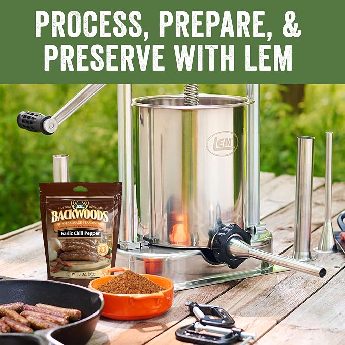 LEM Products Backwoods Garlic Chili Pepper Fresh Sausage Seasoning, 15 oz | Pre-Measured Seasoning for Wild Game and Domestic Meat, Seasons Up to 25 Pounds of Meat for Homemade Sausages