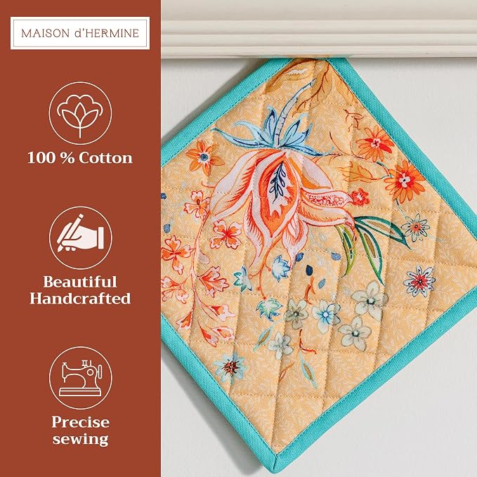 Maison d' Hermine Pot Holders 100% Cotton Potholders (8" x 8", Pack of 1) | Heat Resistant Hot Pads with Loop BBQ Cooking Baking Farmhouse Kitchen Handling Hot Pans Spring Summer - Luxury Loft - Peach
