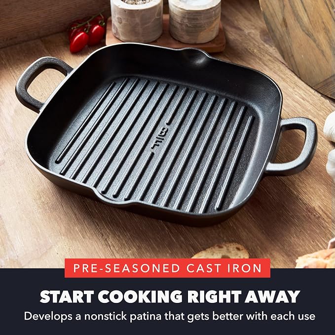 GreenPan x Bobby Flay 11" Pre-Seasoned Cast Iron Square Grill Pan | Natural Nonstick with Use, Heavy Duty, Induction & All Stovetop Compatible, High Heat & Oven Safe, Indoor/Outdoor
