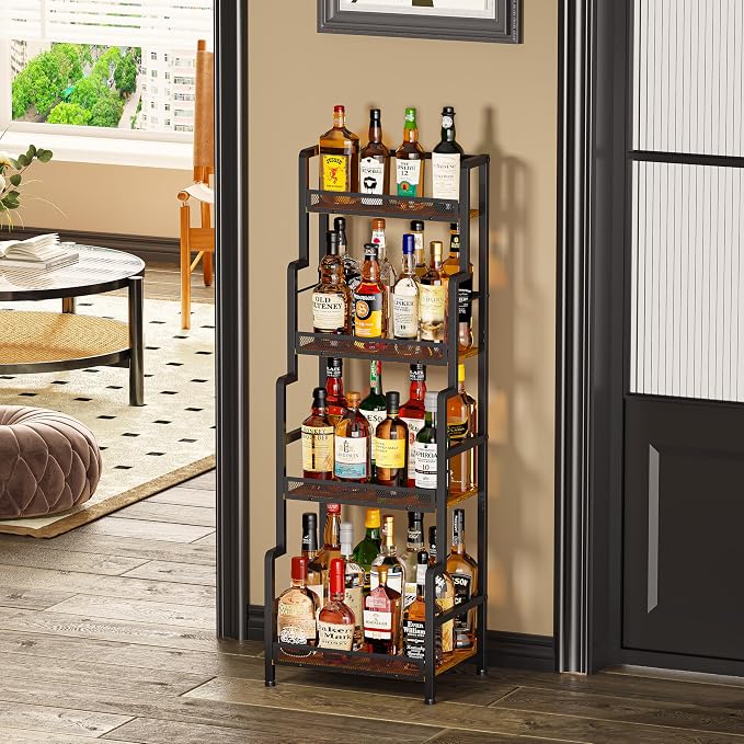 Hayexiha 4-Tier Stepped Freestanding Wine Rack, Large Capacity Liquor Cabinet with Anti-Fall Guardrails and Rounded Corners, Bottle Display Shelf & Mini Bar for Living Room, Home Bar, Kitchen Corner
