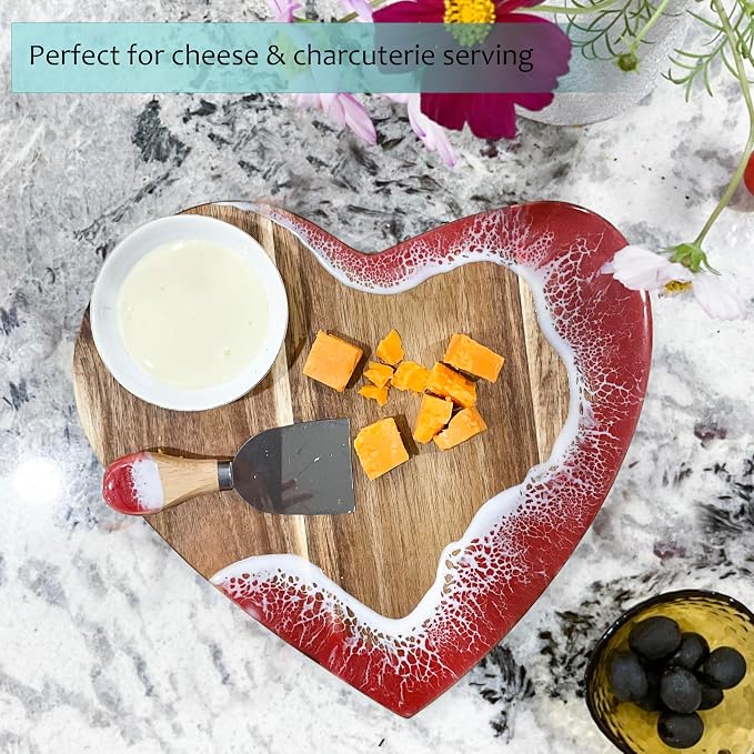 Heart Serving Board - Acacia Wood with Epoxy (11.8" x 10.6"), Adorable Charcuterie Cheese Tray, Kitchen Gift Idea, Cute Cutting Board for Women, Valentine Gift, Housewarming Present
