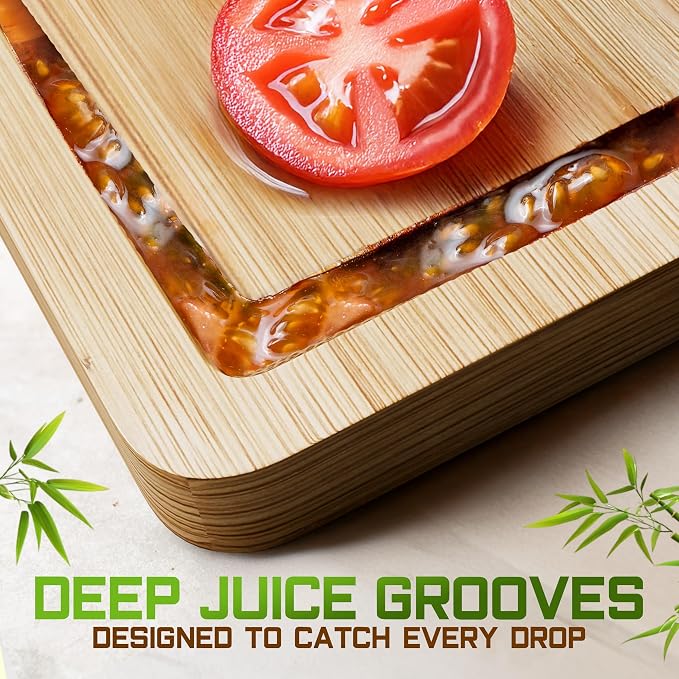 Bamboo Cutting Board Set of 3 (15x10, 12x9, 9x6) – Extra-Thick, Deep Juice Groove Wood Cutting Boards – Knife-Friendly for Kitchen Prep, Carving & Charcuterie – Easy to Clean