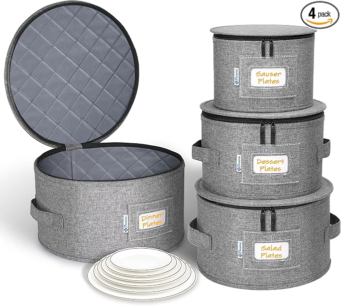 punemi China Storage Containers, 4-Set Hard Shell Dish Storage for Moving | Hard shell support with felt dividers for charger plates, dinnerware and china; stackable design holds set of 12