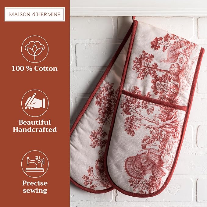 Maison d' Hermine Double Oven Mitts 100% Cotton Double Oven Glove (7"x35") | Heat Resistant BBQ Cooking Gloves with Loop Baking Kitchen Home Hotel Farmhouse Thanksgiving Christmas - Holy Jouy - Red