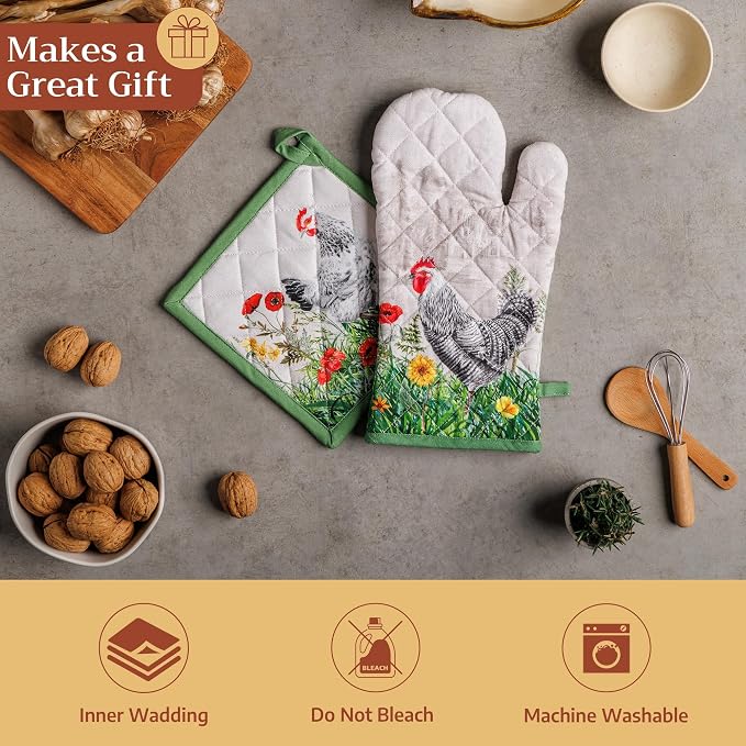 Maison d' Hermine Pot Holders 100% Cotton Potholders (8" x 8", Pack of 2) | Heat Resistant Hot Pads with Loop BBQ Cooking Baking Farmhouse Kitchen Handling Hot Pans Spring Summer - Basse Cour
