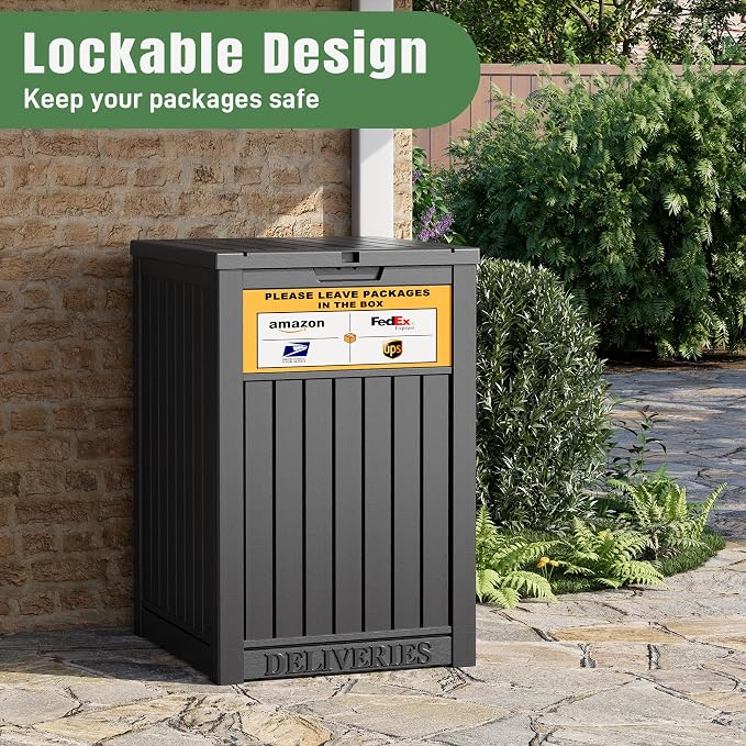 Outdoor Package Delivery Box with Lockable Secure and Sign, Resin Waterproof Outdoor Package Drop Container for Backyard, Garden, Patio & Lawn, Black with Sign