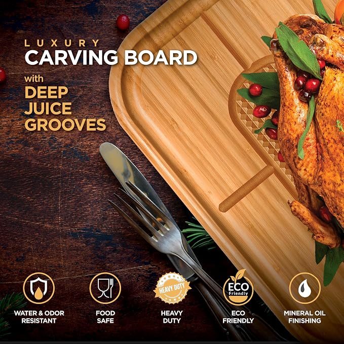 Meat Cutting Board - Extra Large Bamboo Carving Board, 18 x 13 Thick Butcher Block with Deep Juice Groove, Non Slip Center, Reversible Board for Steak, Brisket, Turkey, BBQ Prep Grilling Gifts for Men