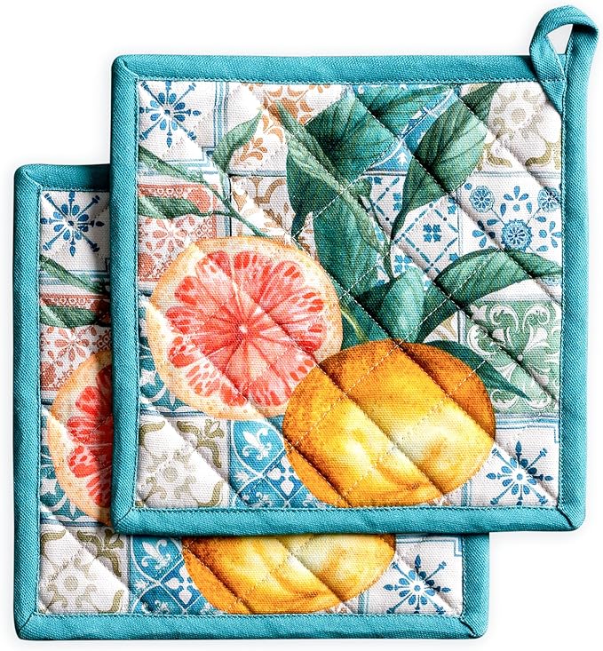 Maison d' Hermine Pot Holders 100% Cotton Potholders (8" x 8", Pack of 2) | Heat Resistant Hot Pads with Loop BBQ Cooking Baking Farmhouse Kitchen Handling Hot Pans Spring Summer - Agrume