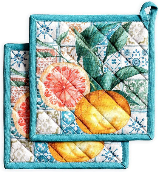 Maison d' Hermine Pot Holders 100% Cotton Potholders (8" x 8", Pack of 2) | Heat Resistant Hot Pads with Loop BBQ Cooking Baking Farmhouse Kitchen Handling Hot Pans Spring Summer - Agrume
