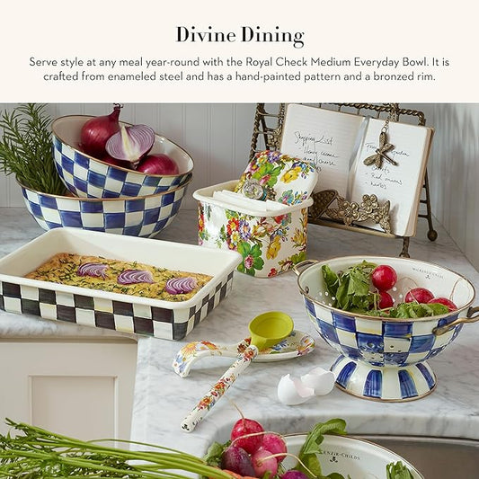 MACKENZIE-CHILDS Enamel Everyday Bowl, Serving Bowl for Entertaining, Medium, Blue-and-White Royal Check, Set of 1