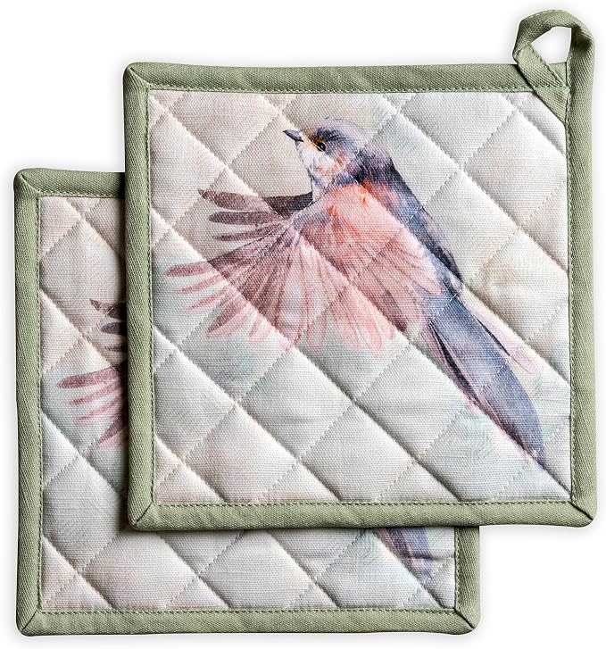 Maison d' Hermine Pot Holders 100% Cotton Potholders (8" x 8", Pack of 2) | Heat Resistant Hot Pads with Loop BBQ Cooking Baking Farmhouse Kitchen Handling Hot Pans Spring Summer - Flying Birds