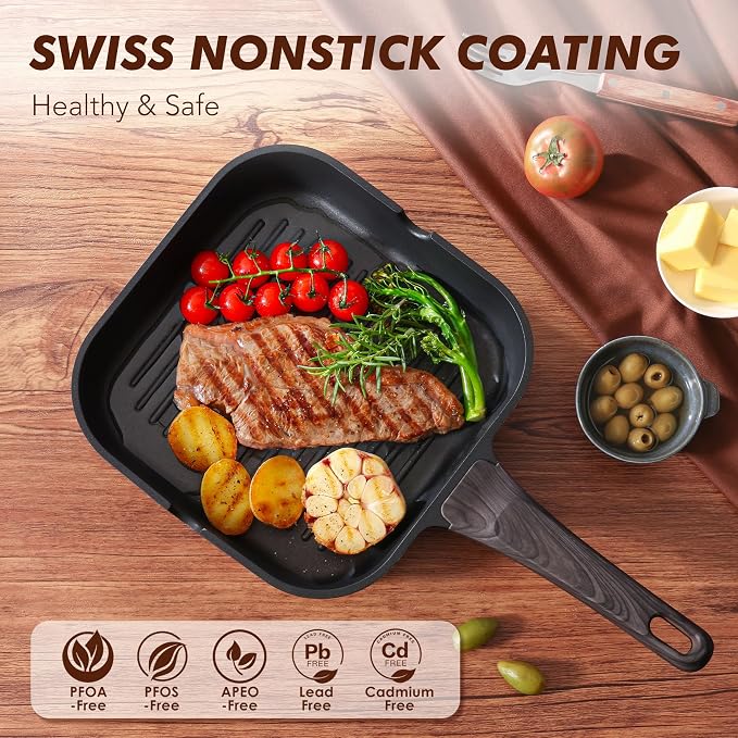 SENSARTE Nonstick Grill Pan for Stove Tops, Versatile Griddle with Pour Spouts, Square Big Cooking Surface, Durable Skillet Indoor & Outdoor Grilling. PFOA Free, 9.5 Inch