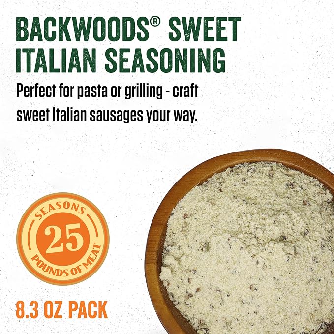 LEM Products Backwoods Sweet Italian Fresh Sausage Seasoning, 8.3 oz Packet | Pre-Measured Seasoning for Wild Game and Domestic Meat, Seasons Up to 25 Pounds of Meat for Homemade Patties and Sausages