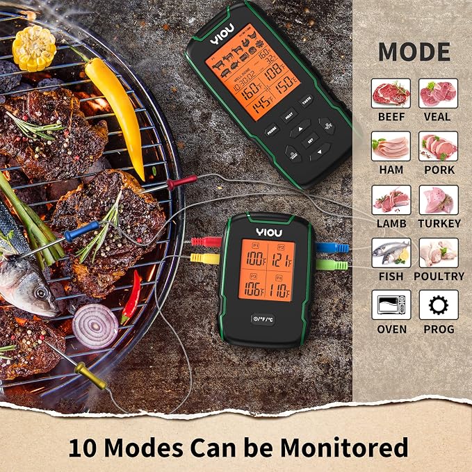 Wireless Meat Thermometer for Cooking, Digital Meat Thermometer with 4 Probes, 500FT Ultra Accurate & Fast Food Thermometer for Oven, Smoker, Green