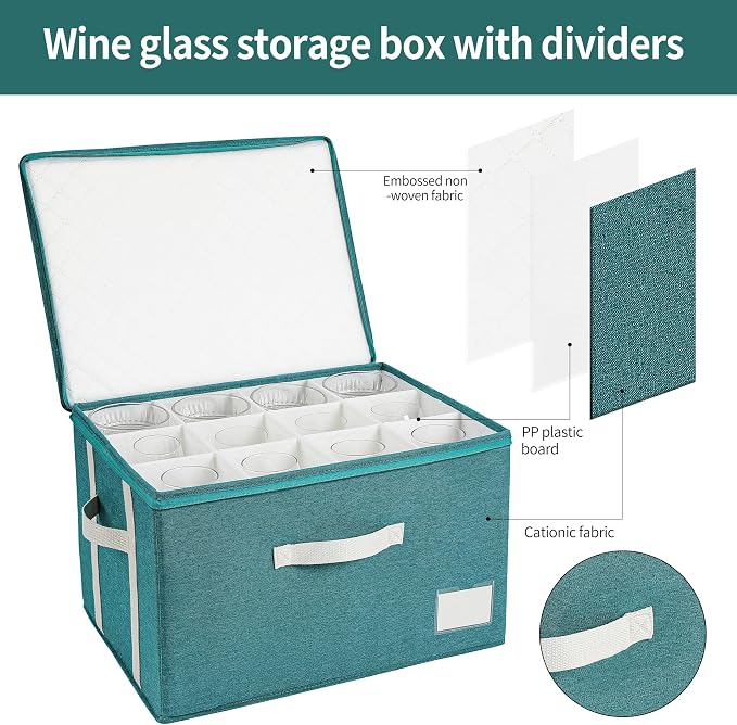 Stemware Storage Cases,Wine Glass Storage Box,with Dividers,Holds 12 Red or White Wine Glasses, Durable Glassware Storage Containers for Crystal or Stemware (Green white, Stemware storage cases)