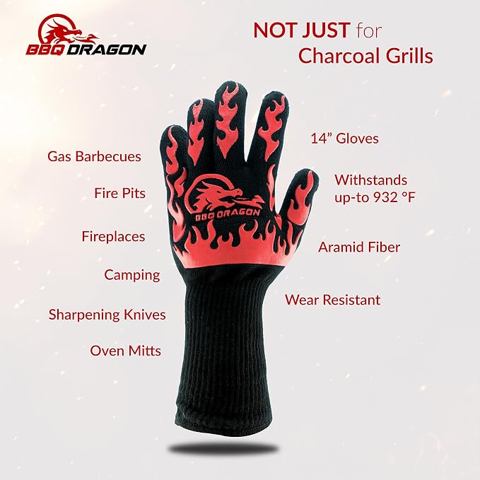 BBQ Dragon Heat Resistant Gloves - High Heat Gloves for Cooking, BBQ, Grilling, and Baking - Non-Slip Oven & Heat Proof - Certified Heat Protection for Outdoor Grill & Kitchen Safety