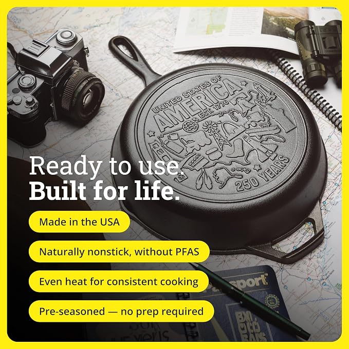 Lodge Pre-Seasoned Cast Iron Skillet, 10.25 Inches, USA Icons | Limited Edition Cast Iron Skillet for Oven, Stovetop, Grill & Campfire Cooking, Made in USA, PFAS-Free