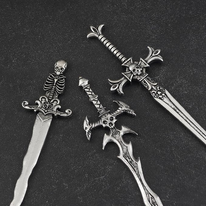 3PCS Skull Sword Hair Pins for Women, Metal Hair Sticks Set, Gothic Hair Accessories, Fantasy Decorative Hair Pins, Medieval Hair Stick Set for Bun Updo Long Thick Hair