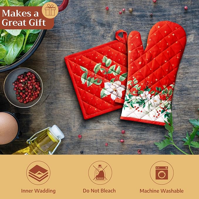 Maison d' Hermine 100% Cotton Oven Mitt & Pot Holder Set (7.5"x13" & 8"x8") | Heat Resistant BBQ Cooking Gloves with Loop Baking Grilling Kitchen Hotel Home Farmhouse Thanksgiving Christmas - Noel