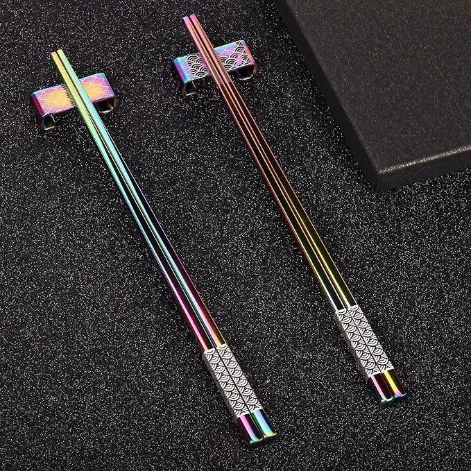 Metal Chopsticks Reusable 2 Pairs Titanium Plated Stainless Steel18/8 Chopsticks with Holder, Dishwasher Safe Lightweight Japanese Style Chopsticks Gift Set(Rainbow Gradient)