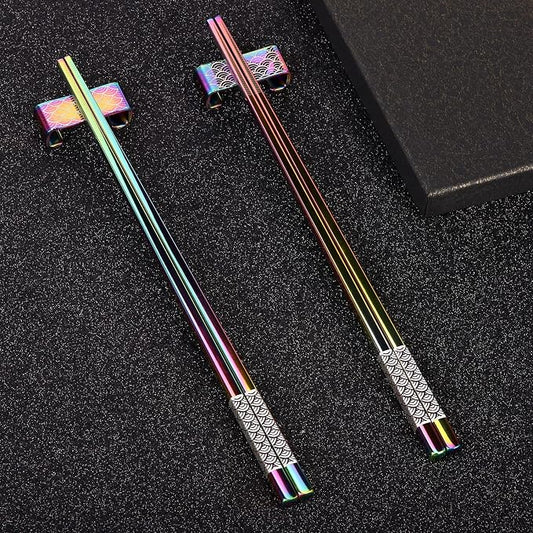 Metal Chopsticks Reusable 2 Pairs Titanium Plated Stainless Steel18/8 Chopsticks with Holder, Dishwasher Safe Lightweight Japanese Style Chopsticks Gift Set(Rainbow Gradient)